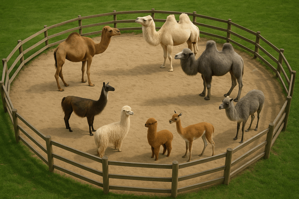 Corral with a Bactrian at the 1:00 position; a Wild Bactrian at the 3:00 position; a Guanaco at the 4:00 position; a Vicuña at the 5:30; a Huacaya Alpaca at the 6:00 position; a Suri Alpaca at the 7:00 position; a Llama at the 8:00 position and finally a Dromedary Camel at the 11:00 position.
